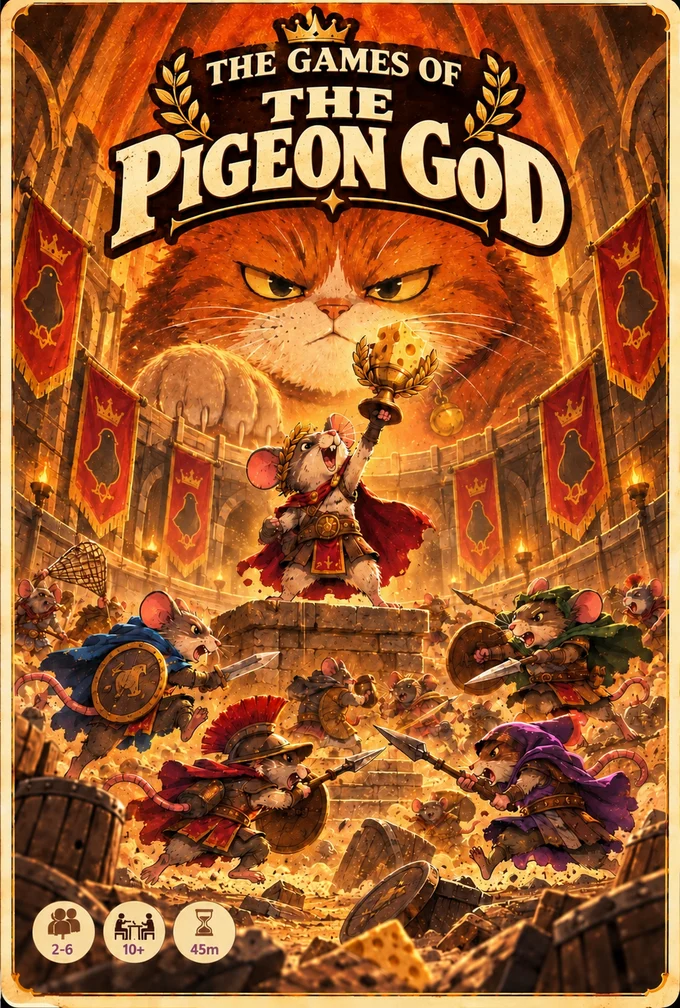 The Games of the Pigeon God: a Rat champion raises a cheese trophy beneath the arena Cat